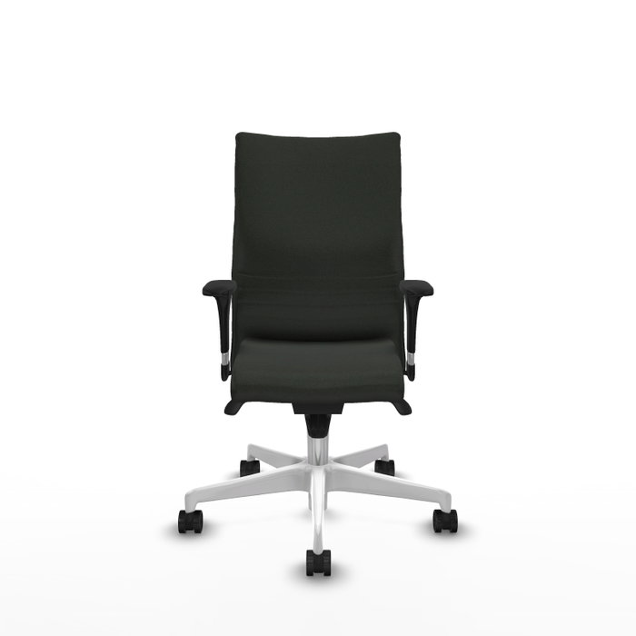 Silla Albacete confidente con mecanismo Sincro tapizada con Tela color Negro. Equipada con Base poliamida blanca, Brazos 1D y Ruedas 65mm nailon