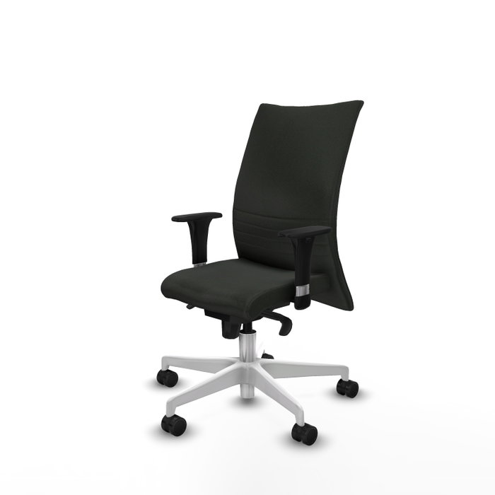 Silla Albacete confidente con mecanismo Sincro tapizada con Tela color Negro. Equipada con Base poliamida blanca, Brazos 1D y Ruedas 65mm nailon