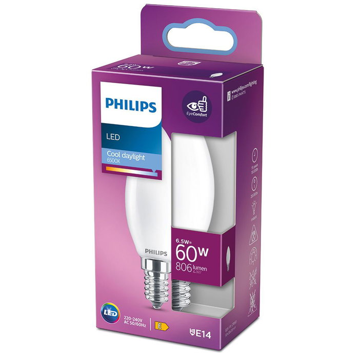 Philips Bombilla vela LED E14 6,5W 806lm 6500K Luz Fría Ø3,5 x 9,7 cm Philips Bombilla vela LED E14 6,5W 806lm 6500K Luz Fría Ø3,5 x 9,7 cm