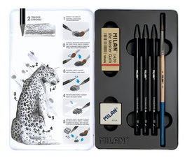 MILAN Lápices de Grafito Acuarelables Caja Metálica de 3 (HB, 4B y 8B) con Accesorios