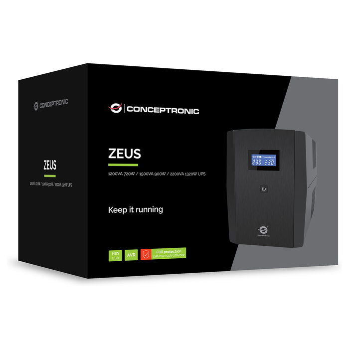 Conceptronic ZEUS03G SAI UPS Interactiva 1200VA 720W 4 Tomas UK AVR USB RJ45 con Batería Plomo-ácido LCD Negro