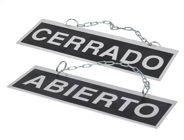 Blanca Letrero Aluminio Serigrafiado Abierto Cerrado con Cadena Ventosa 232x74 mm