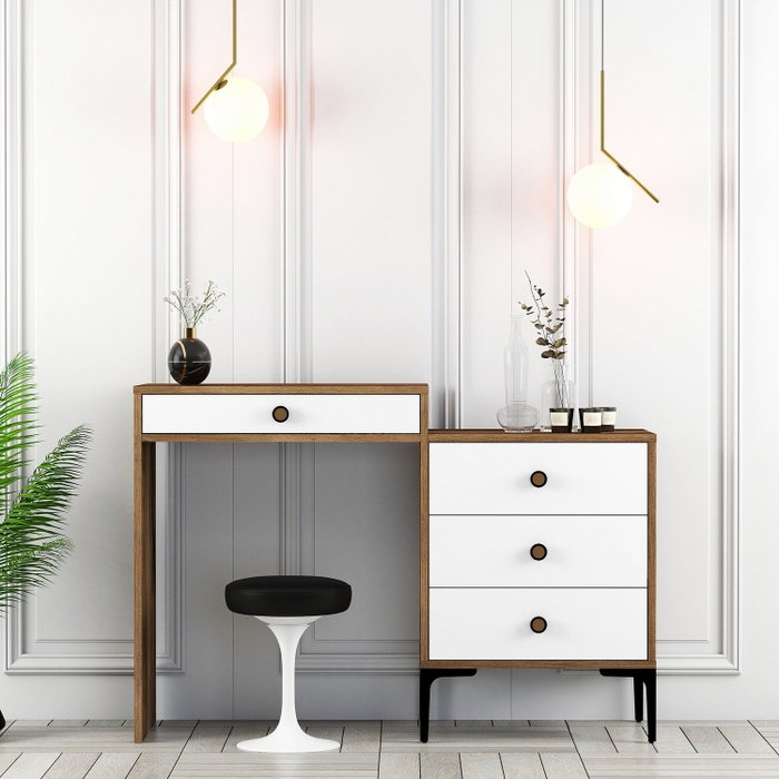 Hanah Home Mesa de Maquillaje Lizbon 551, Moderna, Blanca y de Nogal, Elegante con Patas Metálicas, Mueble de Tocador Funcional para Dormitorio