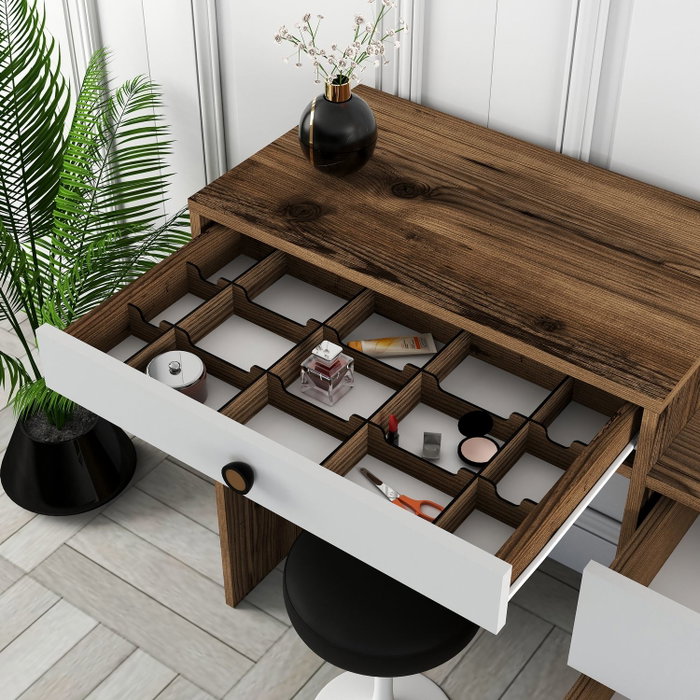 Hanah Home Mesa de Maquillaje Lizbon 551, Moderna, Blanca y de Nogal, Elegante con Patas Metálicas, Mueble de Tocador Funcional para Dormitorio