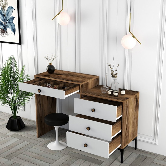 Hanah Home Mesa de Maquillaje Lizbon 551, Moderna, Blanca y de Nogal, Elegante con Patas Metálicas, Mueble de Tocador Funcional para Dormitorio