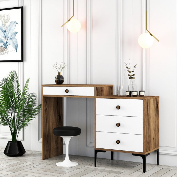 Hanah Home Mesa de Maquillaje Lizbon 551, Moderna, Blanca y de Nogal, Elegante con Patas Metálicas, Mueble de Tocador Funcional para Dormitorio