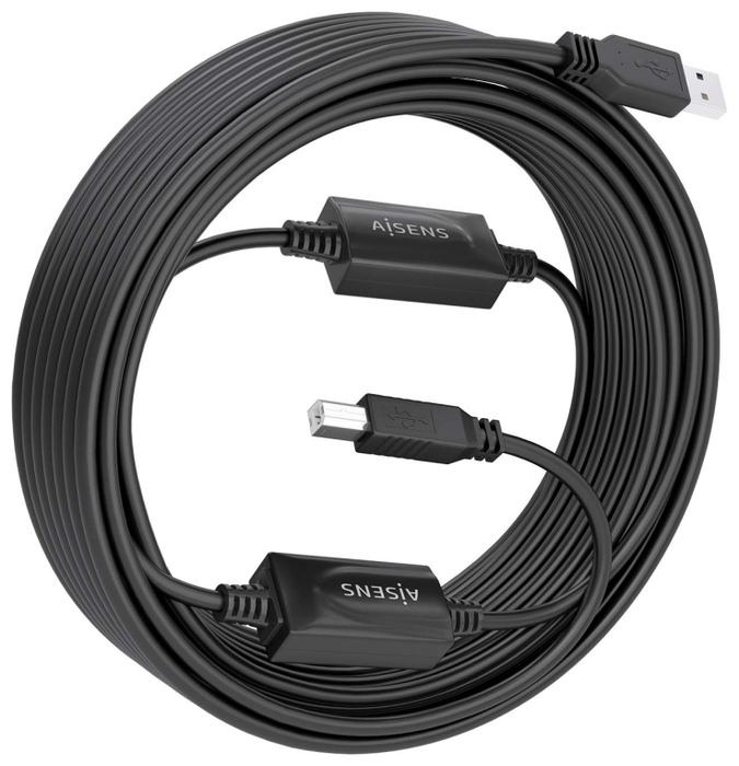 Aisens Cable USB 2.0 con Amplificador, Tipo A/M a B/M, 15m, Negro