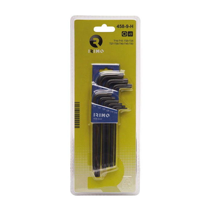 Irimo Juego de 9 Llaves Allen Acodadas Torx® T10-T50 en Estuche Petaca, Ref. 458-9-H, Largas, Pavonadas, con Medida Grabada por Láser