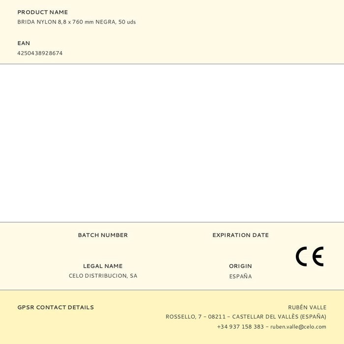 CELO Brida de Nylon 8.8 mm Ancho x 760 mm Largo Negra para Interior y Exterior, Carga Máx. 80 kg, Ajuste Ø9-229.5 mm, Pack de 50 Unidades