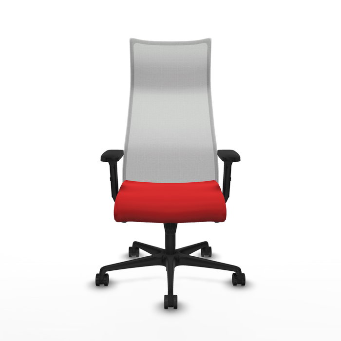 Sillón Albacete con mecanismo Sincro tapizada con Similpiel color Rojo y malla color Blanco. Equipado con Base nailon negra, Brazos 2D y Ruedas 65mm nailon