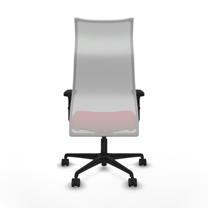 Sillón Albacete con mecanismo Sincro tapizada con Similpiel color Rojo y malla color Blanco. Equipado con Base nailon negra, Brazos 2D y Ruedas 65mm nailon