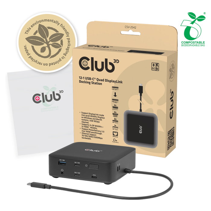 CLUB-3D CSV-2542 Docking Station 12 en 1 con DisplayLink, 8K60Hz y PD 100W