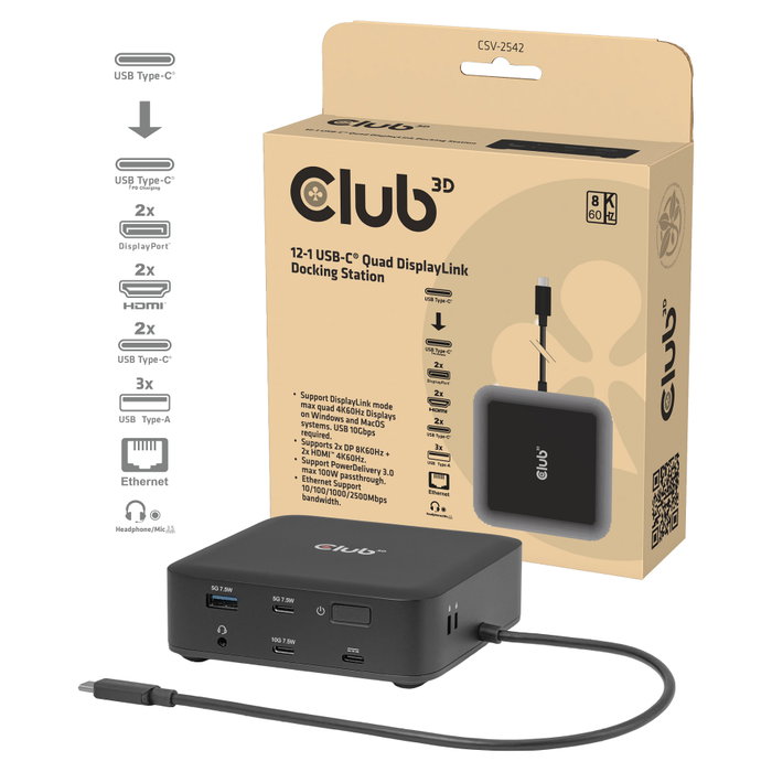 CLUB-3D CSV-2542 Docking Station 12 en 1 con DisplayLink, 8K60Hz y PD 100W