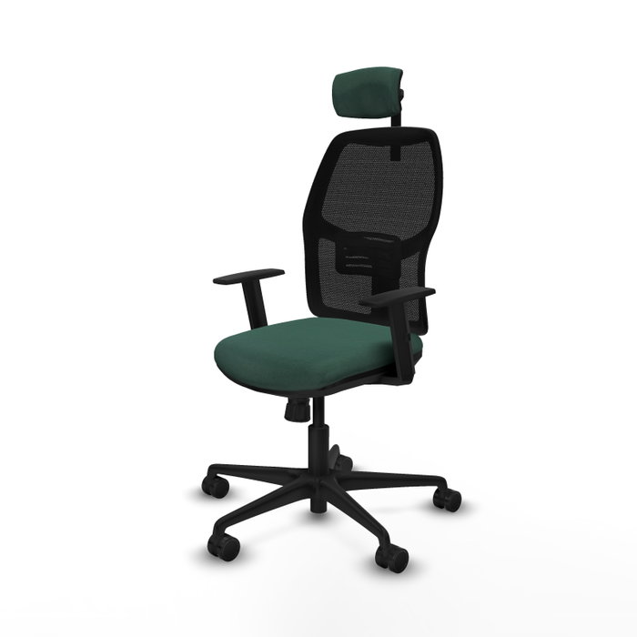 Silla de oficina Alfera con mecanismo Sincro tapizada con Tela color Verde botella y malla color Negro. Equipada con lumbar 1D, Brazos 1D, Cabecero 2D y Ruedas 65mm nailon