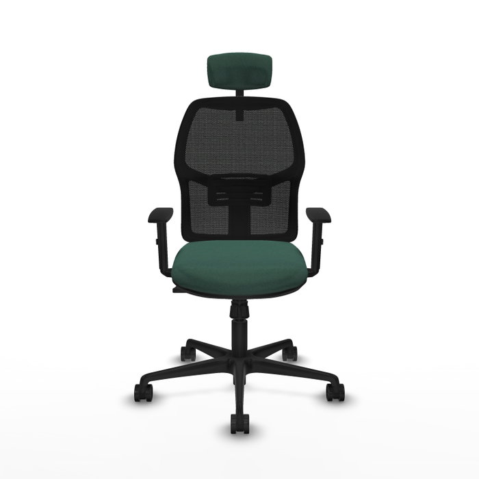 Silla de oficina Alfera con mecanismo Sincro tapizada con Tela color Verde botella y malla color Negro. Equipada con lumbar 1D, Brazos 1D, Cabecero 2D y Ruedas 65mm nailon