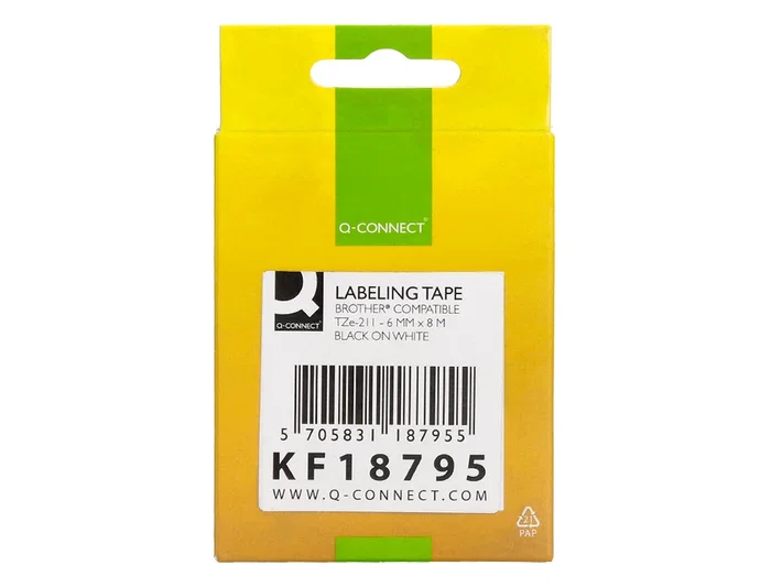 Q-connect Cinta TZE-211 Blanco y Negro 6mm x 8m para Rotuladoras Brother - Consumible de Etiquetado para Oficina, Taller y Tienda