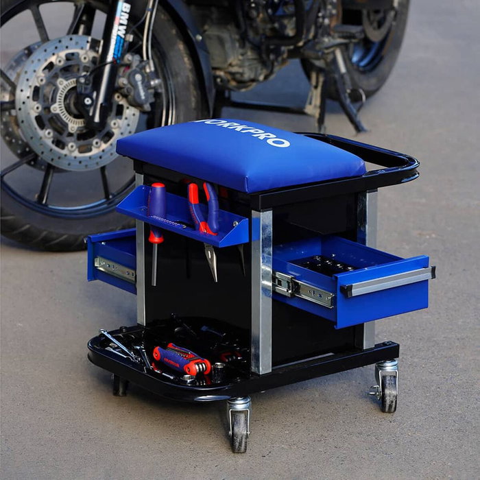 Workpro Taburete de taller con cajones y ruedas, 46 x 36 x 52 cm