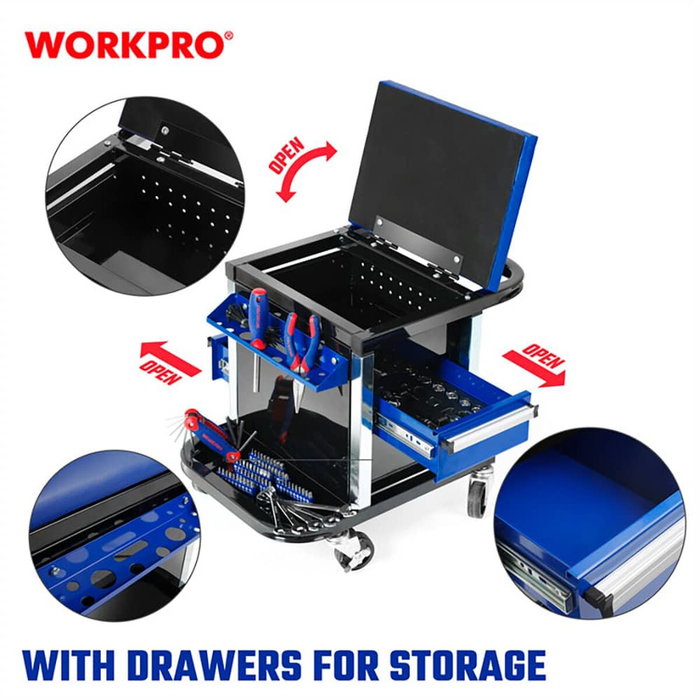 Workpro Taburete de taller con cajones y ruedas, 46 x 36 x 52 cm