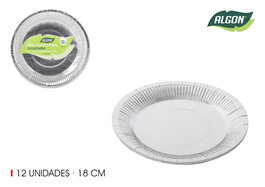 Algon Set de 12 Platos de Cartón Redondos Color Plata 18 cm (18 Unidades)