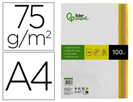 Liderpapel Papel Color DIN A4 75 gr Neón, 4 Colores Surtidos, Paquete 100 Hojas
