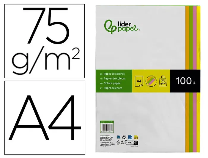 Liderpapel Papel Color DIN A4 75 gr Neón, 4 Colores Surtidos, Paquete 100 Hojas Liderpapel Papel Color DIN A4 75 gr Neón, 4 Colores Surtidos, Paquete 100 Hojas