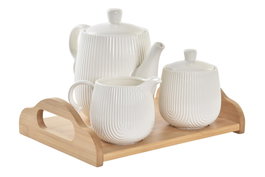DKD Home Decor Set de 4 Teteras de Porcelana y Bambú Blanco