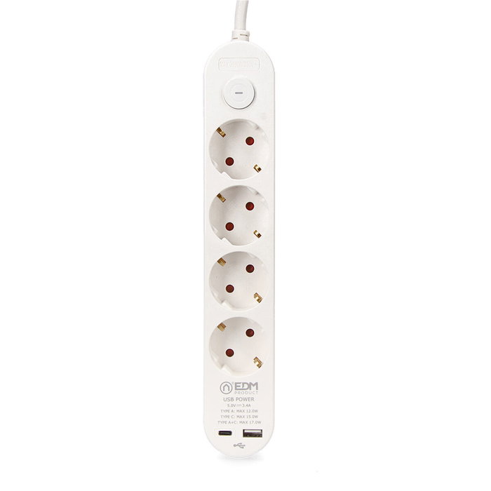 Edm Base múltiple 4 tomas schuko con interruptor y 2 USB A + C, Blanca