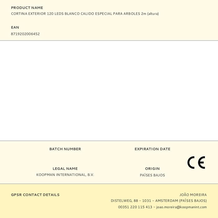 Null - Guirnalda Exterior Cortina 120 LEDs Blanco Cálido IP44 para Árboles, con Transformador, Altura 2m