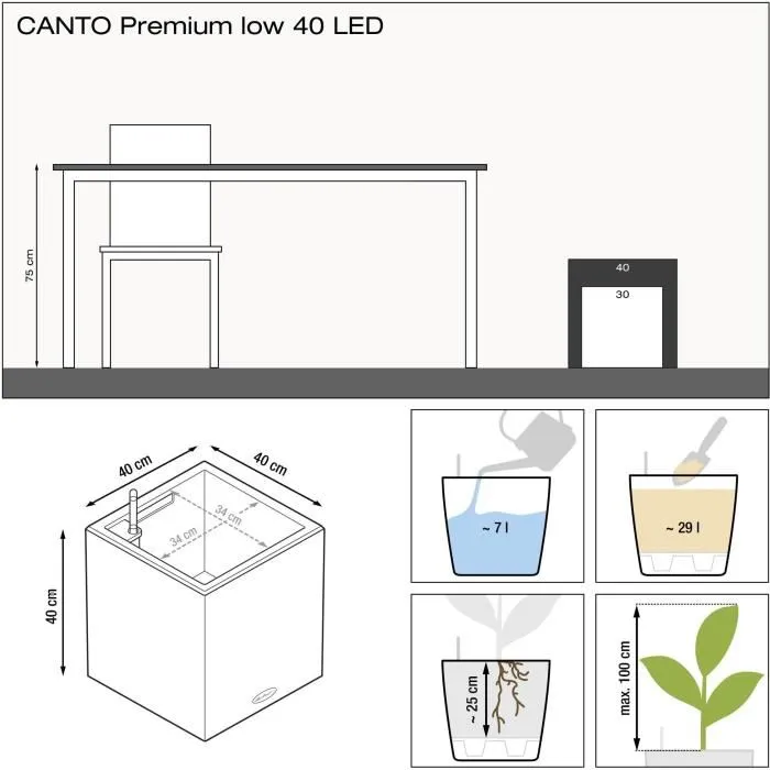 Macetero LECHUZA Canto Premium Cube 40 - Juego completo LED, blanco brillante