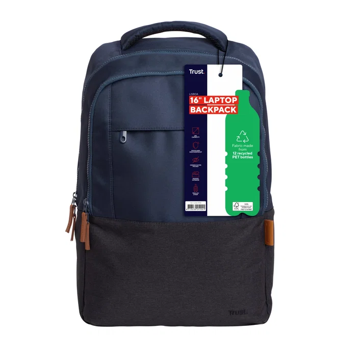 Trust Mochila Lisboa para Portátil 40.6 cm (16") Azul - Hecha de Botellas PET Recicladas, Acolchada, 23L, Resistente al Agua
