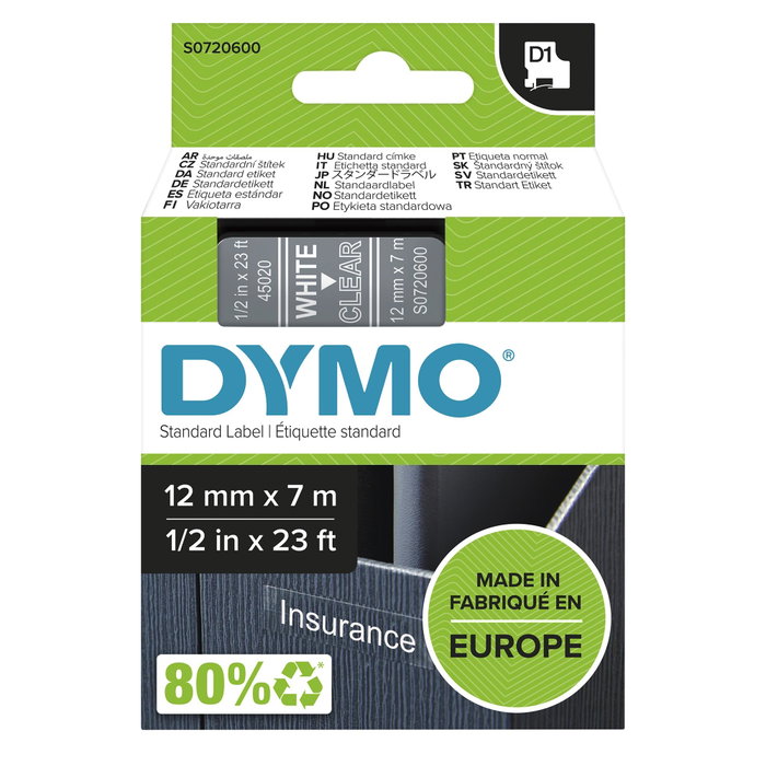 Dymo Cinta D1 12mm x 7m Blanco sobre transparente Dymo Cinta D1 12mm x 7m Blanco sobre transparente