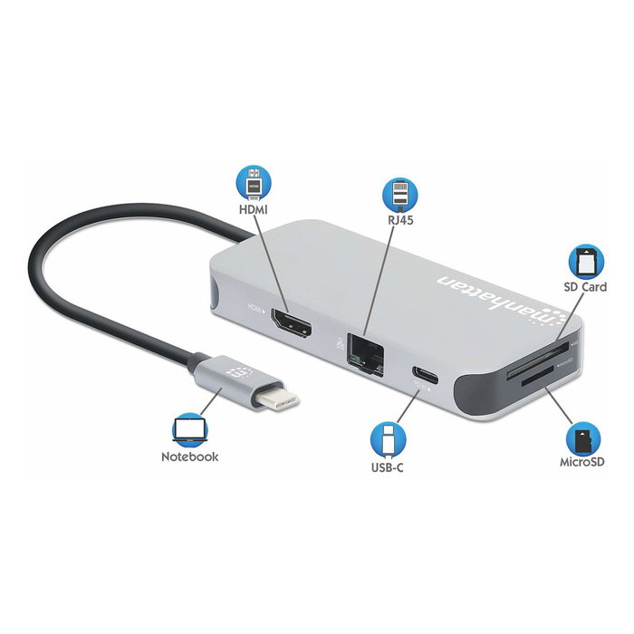 MANHATTAN Adaptador USB-C 8-in-1 Dockingstation con HDMI, RJ45 y 3xUSB-A MANHATTAN Adaptador USB-C 8-in-1 Dockingstation con HDMI, RJ45 y 3xUSB-A