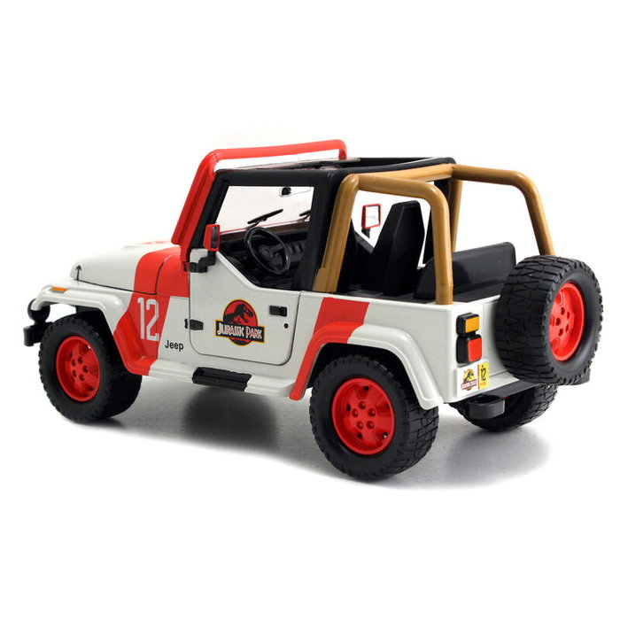 JADA TOYS Coche Jeep Wrangler Jurassic Park 1/24 Metal Rueda Libre Apertura Puertas Capó Neumáticos Goma Edad +8 Años 25x11.81x11.81cm
