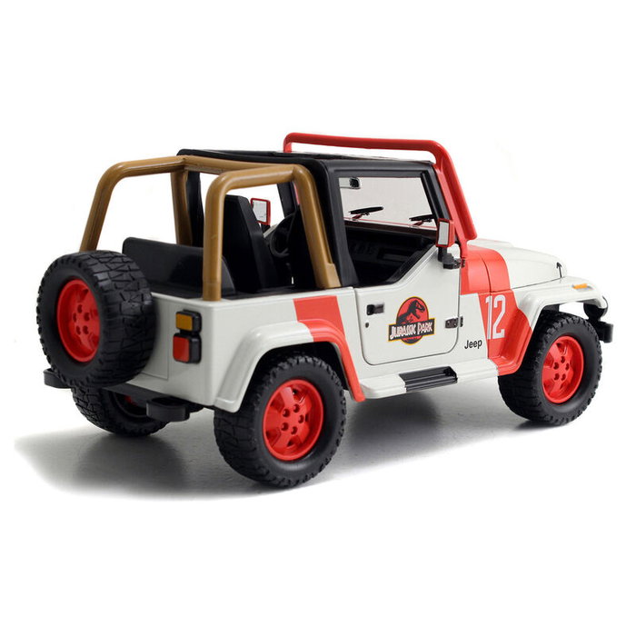 JADA TOYS Coche Jeep Wrangler Jurassic Park 1/24 Metal Rueda Libre Apertura Puertas Capó Neumáticos Goma Edad +8 Años 25x11.81x11.81cm