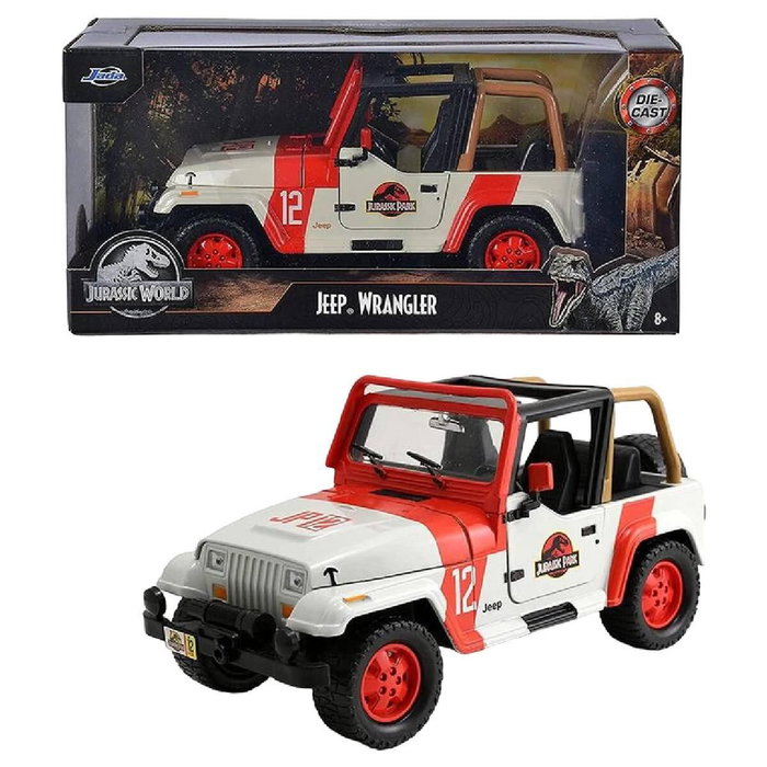 JADA TOYS Coche Jeep Wrangler Jurassic Park 1/24 Metal Rueda Libre Apertura Puertas Capó Neumáticos Goma Edad +8 Años 25x11.81x11.81cm