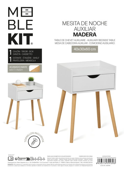 Inde Mesita de Noche Auxiliar con Cajón, Madera Blanca, 31.7 cm Largo x 43.5 cm Alto x 11 cm Ancho (2 Unidades)