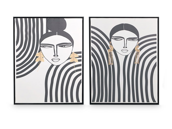 Giftdecor Cuadro Lienzo Marco Negro Mujer Raya Surtidos 40 x 50 x 3 cm (Set de 4)