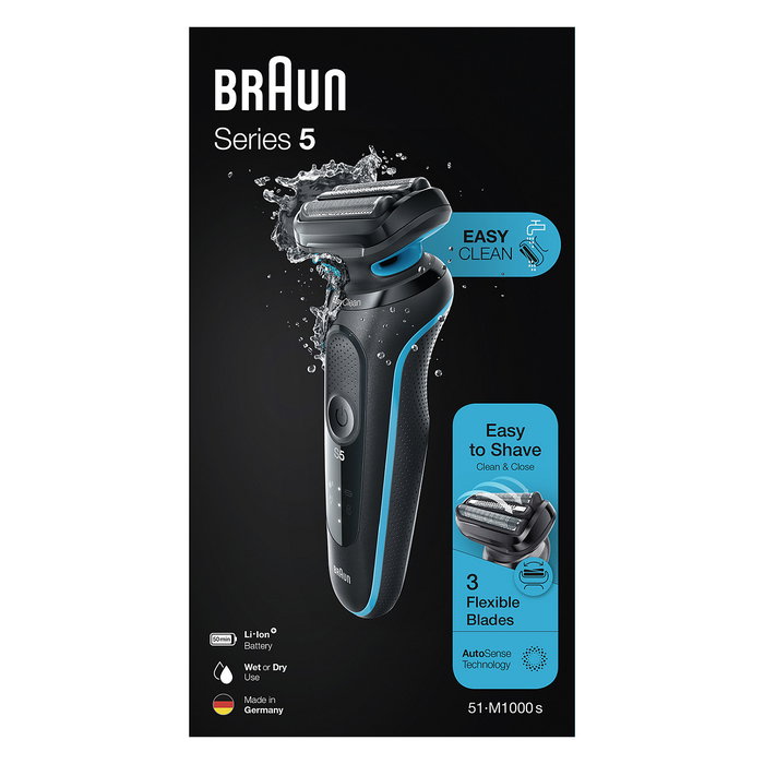 Braun 51-M1000s Máquina de Afeitar Eléctrica Series 5 con AutoSense, Cabezal de 3 Láminas Flexible, Uso Húmedo/Seco, Batería de Litio Recargable, Color Negro/Azul