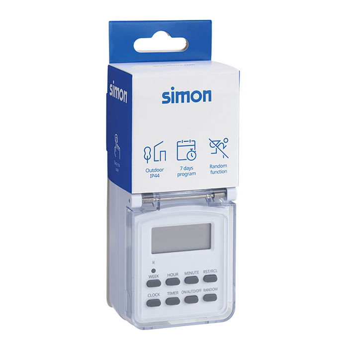 Simon Programador Digital Semanal para Exterior Af711201, IP44, 16A, 3600W, 230V ~50Hz, con Pantalla Digital y Función Simulación de Presencia