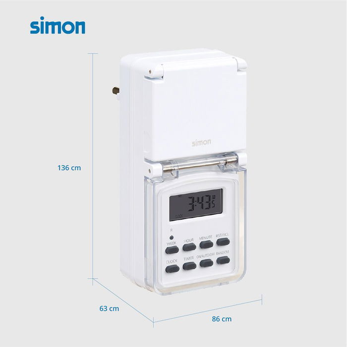 Simon Programador Digital Semanal para Exterior Af711201, IP44, 16A, 3600W, 230V ~50Hz, con Pantalla Digital y Función Simulación de Presencia