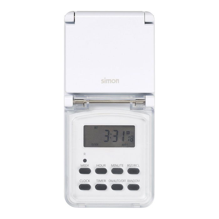 Simon Programador Digital Semanal para Exterior Af711201, IP44, 16A, 3600W, 230V ~50Hz, con Pantalla Digital y Función Simulación de Presencia