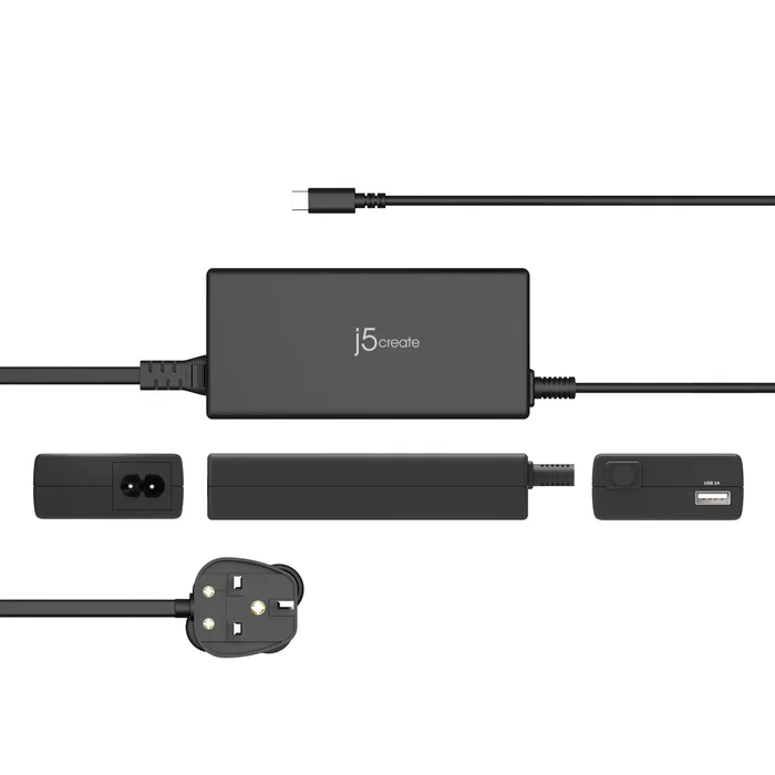 J5create JUP2290C Cargador Supercargador USB-C 100W con Cable Adjunto, Puerto Type-A, Carga Rápida PD 3.0, Color Negro - Para MacBook, iPhone, Nintendo Switch