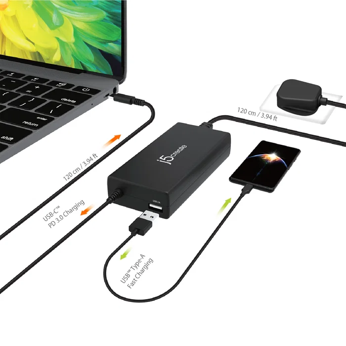 J5create JUP2290C Cargador Supercargador USB-C 100W con Cable Adjunto, Puerto Type-A, Carga Rápida PD 3.0, Color Negro - Para MacBook, iPhone, Nintendo Switch