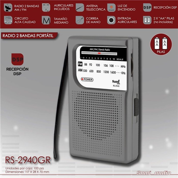SAMI Radio de 2 Bandas Mediana Vertical con Auriculares Gris - Radio Sami