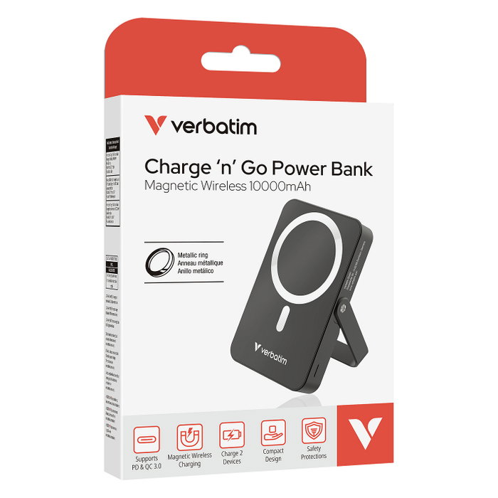 Verbatim Power Bank Charge 'n' Go Magnetic Wireless 10.000 mAh Negro con Soporte Verbatim Power Bank Charge 'n' Go Magnetic Wireless 10.000 mAh Negro con Soporte