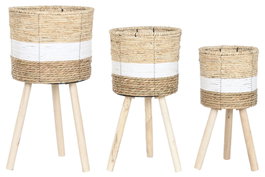 DKD Home Decor Set de 3 Maceteros de Fibra Natural Bicolor
