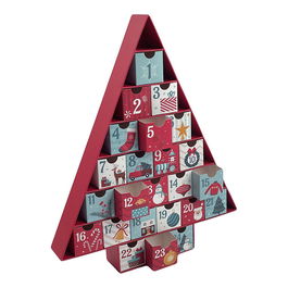 Funny Xmas Calendario de Adviento en Forma de Árbol de Navidad de Cartón, Decoración Navideña Roja - 32.5 x 39 cm