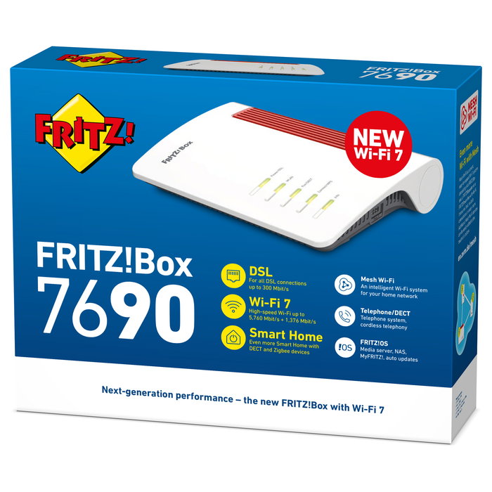 FRITZ!Box 7690 International - Router de sobremesa Wi-Fi 7 (802.11be) Dual-Band, ADSL2+/VDSL, 3 Puertos LAN 2.5GbE, USB, Blanco