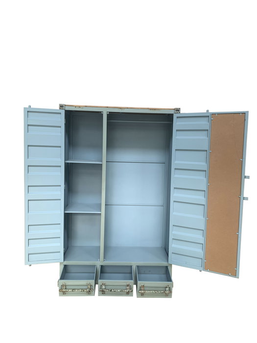 DKD Home Decor Armario Vintage Azul Celeste Metal Container 112 x 46 x 174 cm con 3 Cajones y 2 Puertas