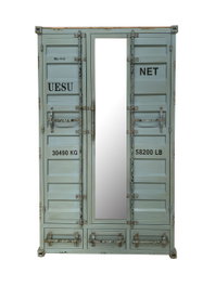 DKD Home Decor Armario Vintage Azul Celeste Metal Container 112 x 46 x 174 cm con 3 Cajones y 2 Puertas